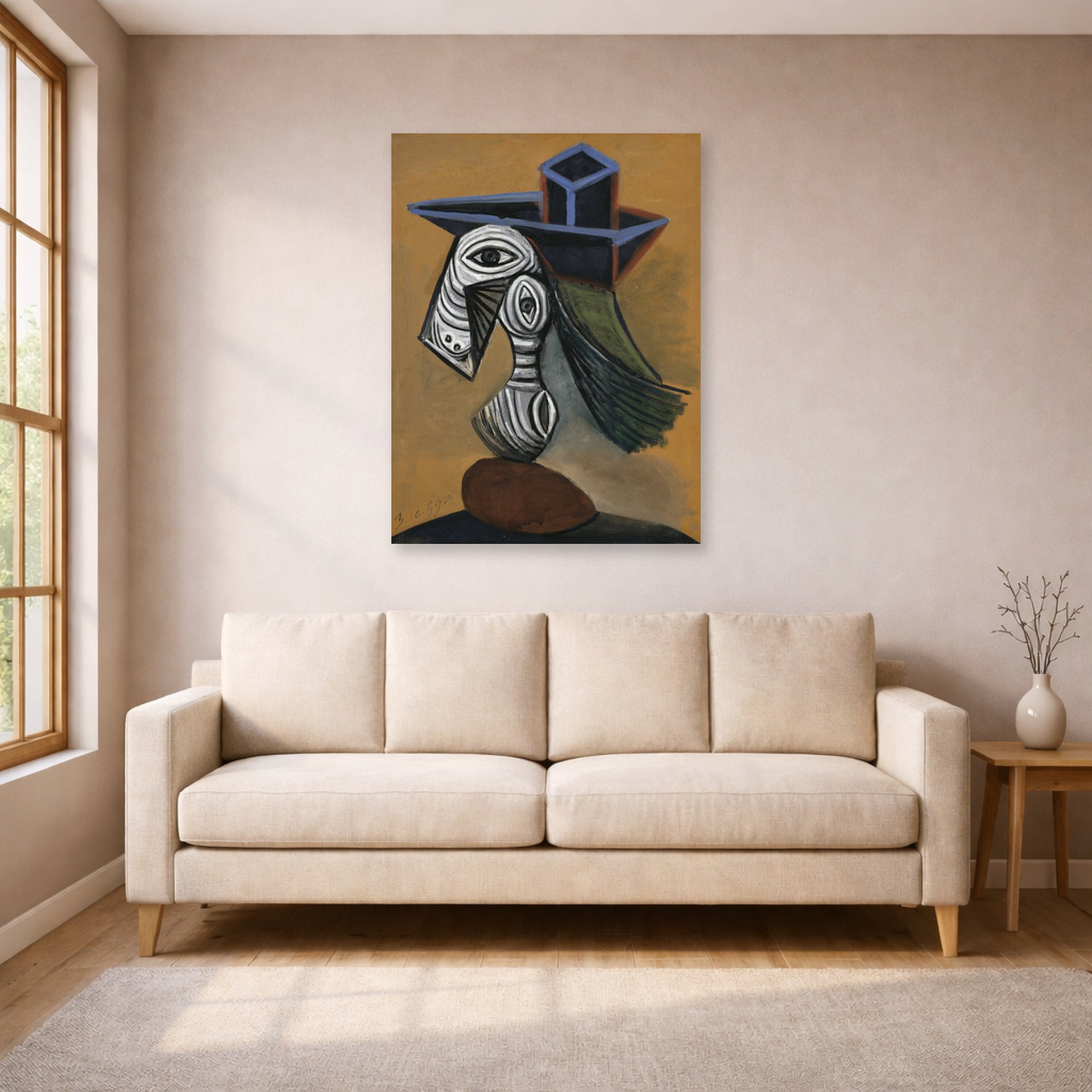 Unframed poster print of Pablo Picasso's 'Woman in a Blue Hat' displayed on a wall in a living room