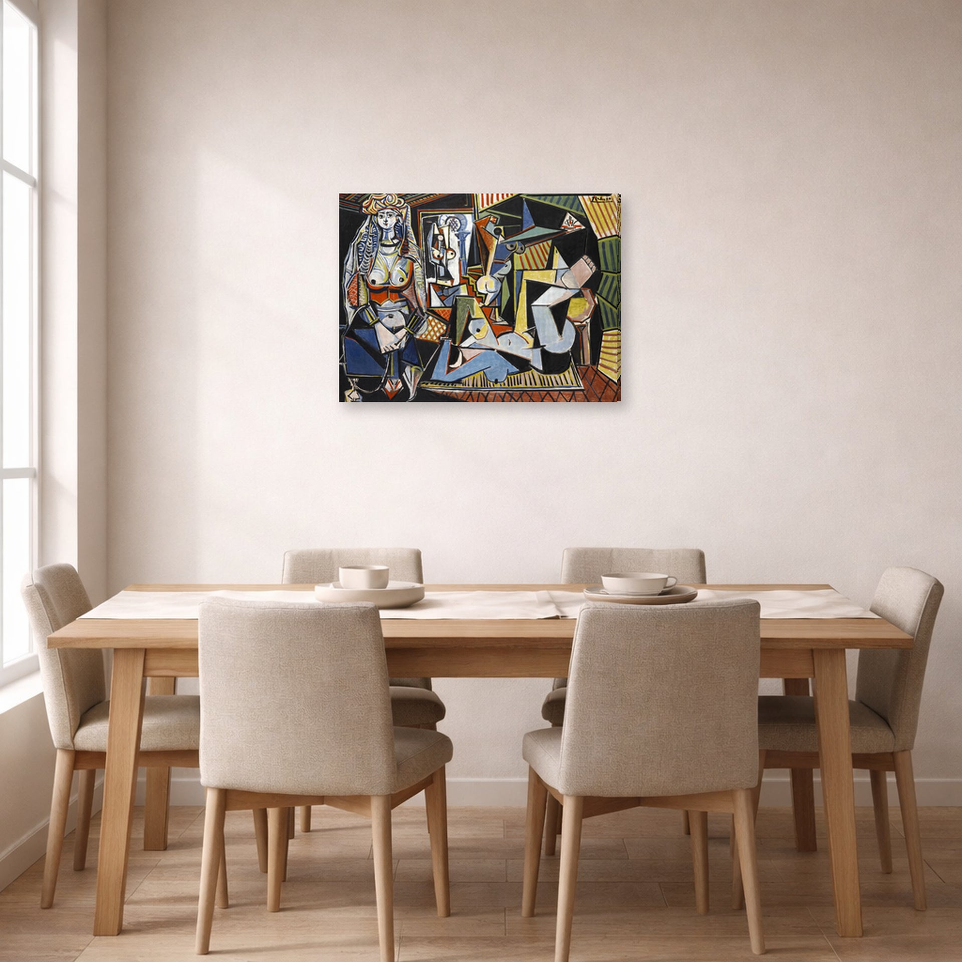 Gallery-wrapped canvas print of Pablo Picasso's 'Women of Algiers' displayed on a wall in a dining room