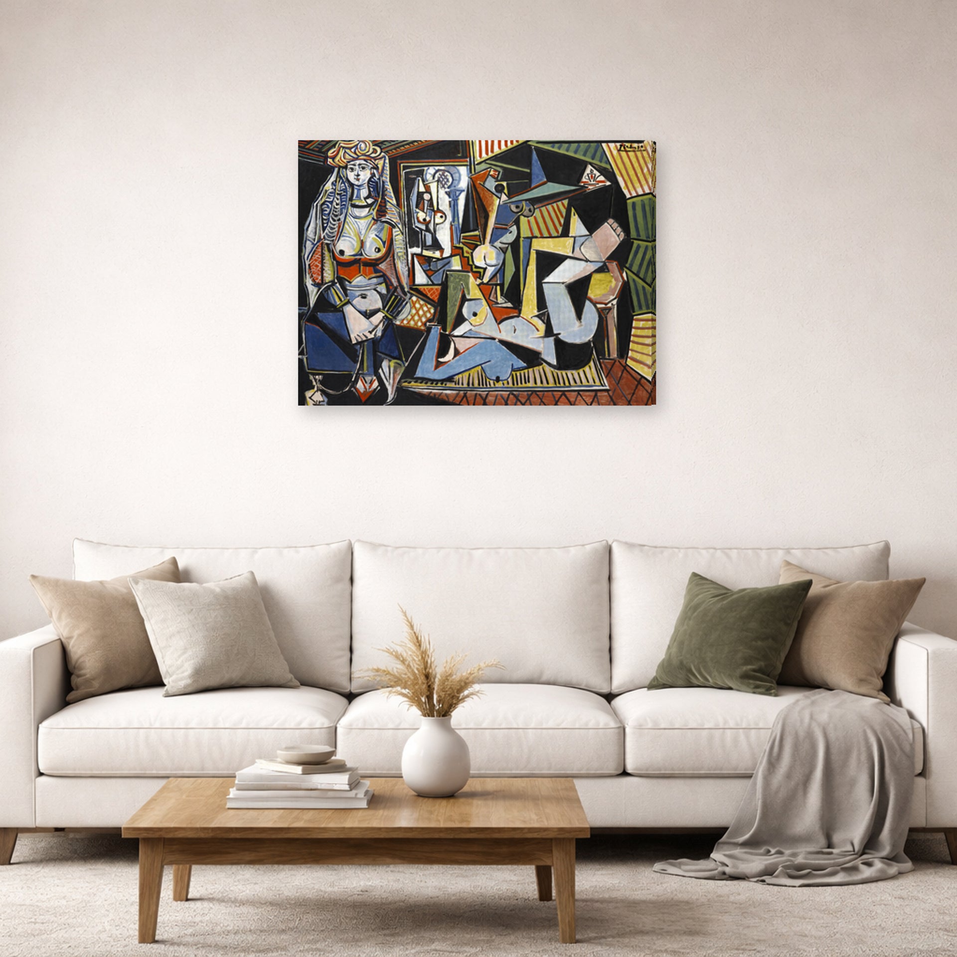 Gallery-wrapped canvas print of Pablo Picasso's 'Women of Algiers' displayed on a wall in a living room