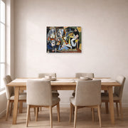 Unframed poster print of Pablo Picasso's 'Women of Algiers' displayed on a wall in a dining room