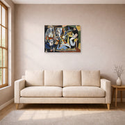 Unframed poster print of Pablo Picasso's 'Women of Algiers' displayed on a wall in a living room