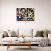 Unframed poster print of Pablo Picasso's 'Women of Algiers' displayed on a wall in a living room