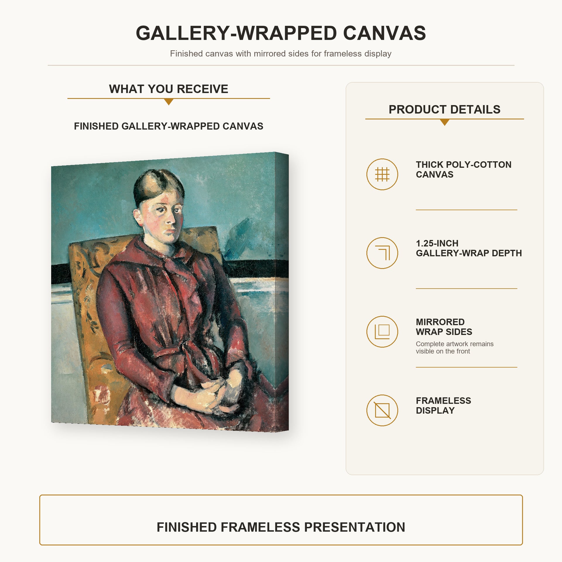 Paul Cezanne - Madame Cezanne in a Yellow Armchair - gallery wrap product details infographic