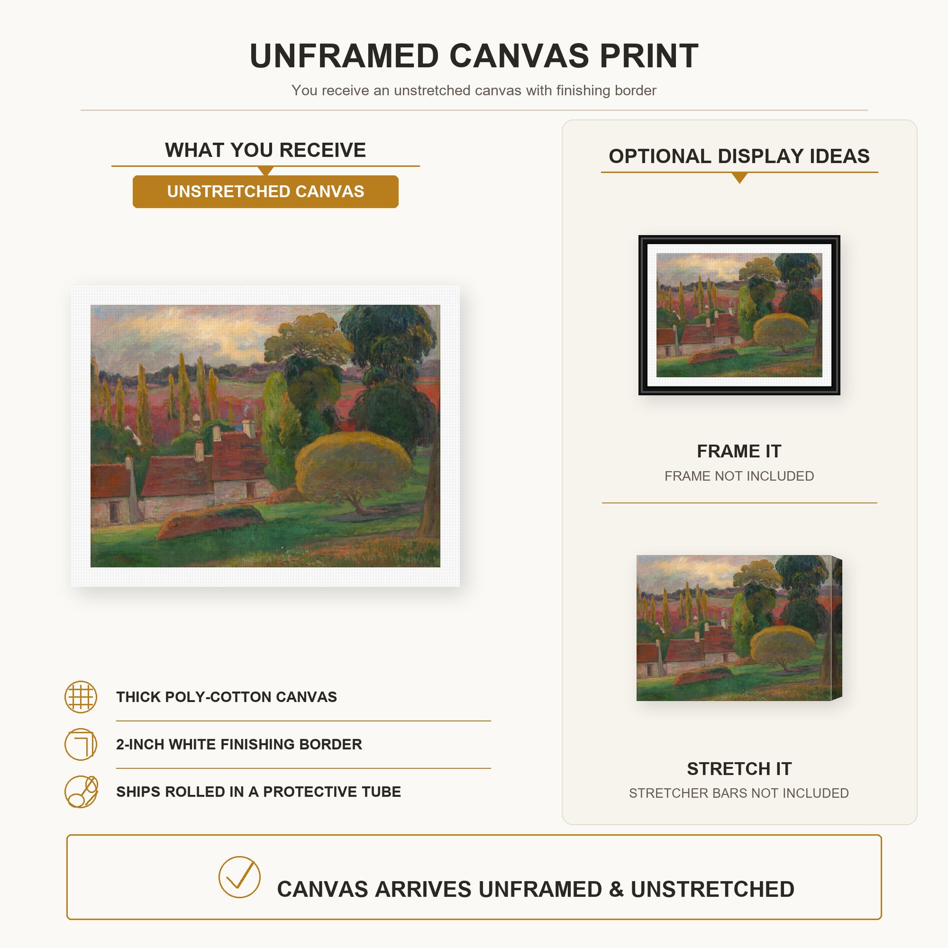 Paul Gauguin - A Farm in Brittany canvas print size comparison and framing display infographic