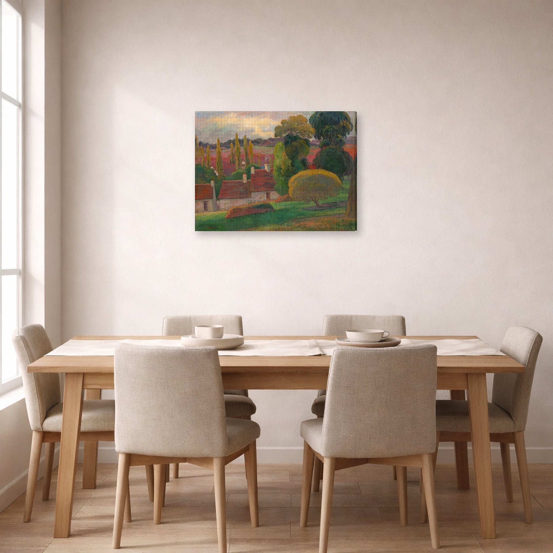 Gallery-wrapped canvas print of Paul Gauguin's A Farm in Brittany displayed on a wall in a dining room