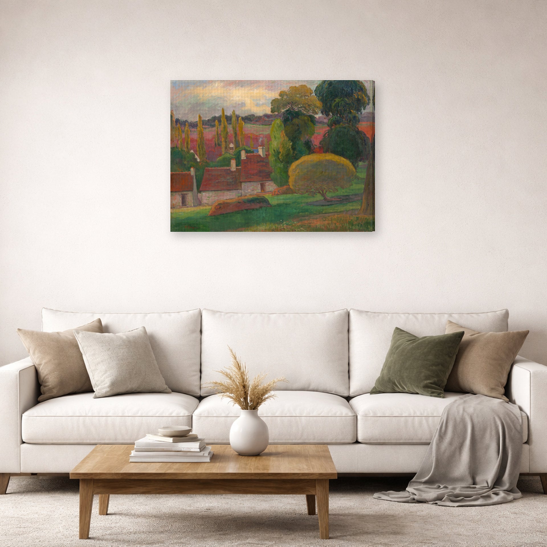 Gallery-wrapped canvas print of Paul Gauguin's A Farm in Brittany displayed on a wall in a second living room setting