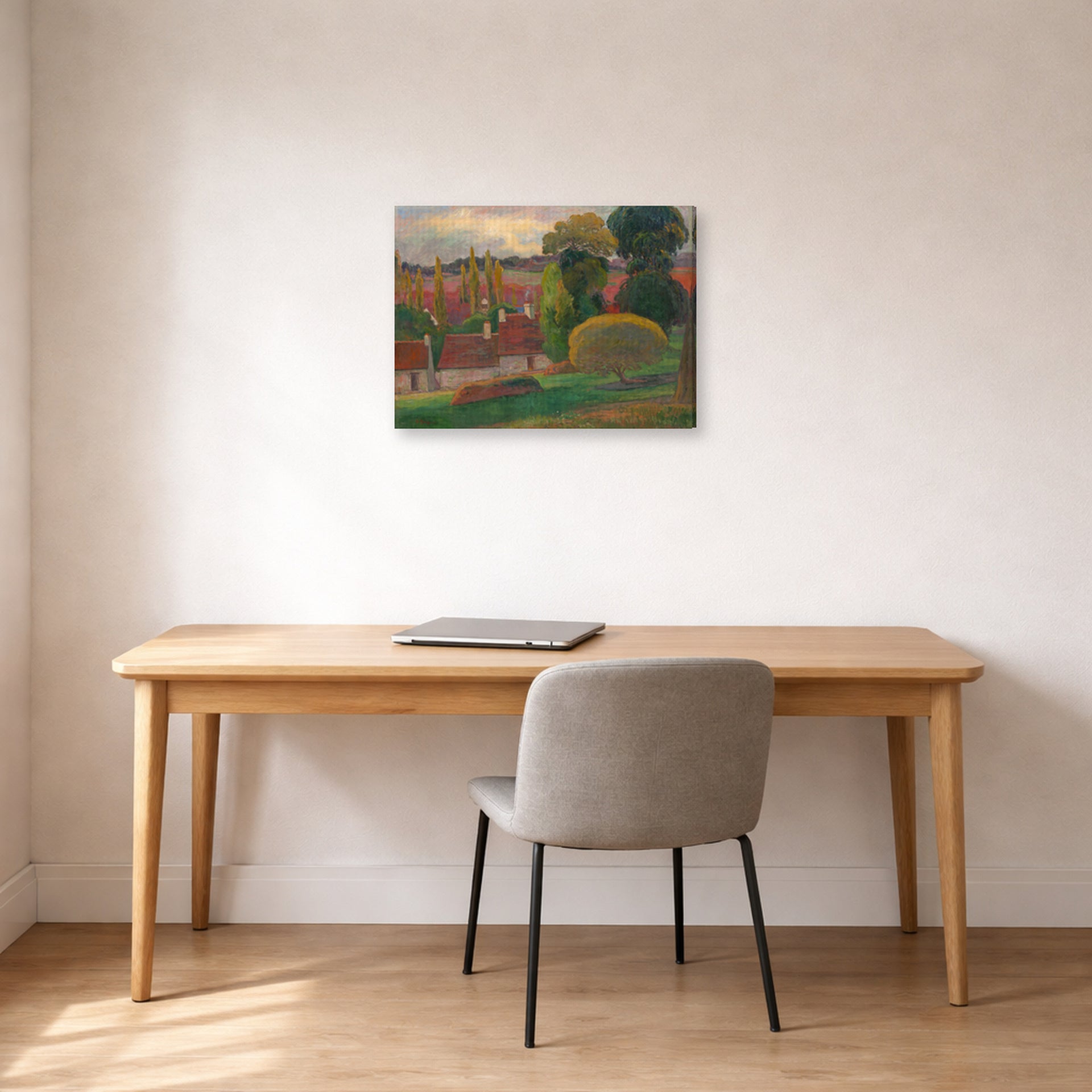 Gallery-wrapped canvas print of Paul Gauguin's A Farm in Brittany displayed on a wall in an office