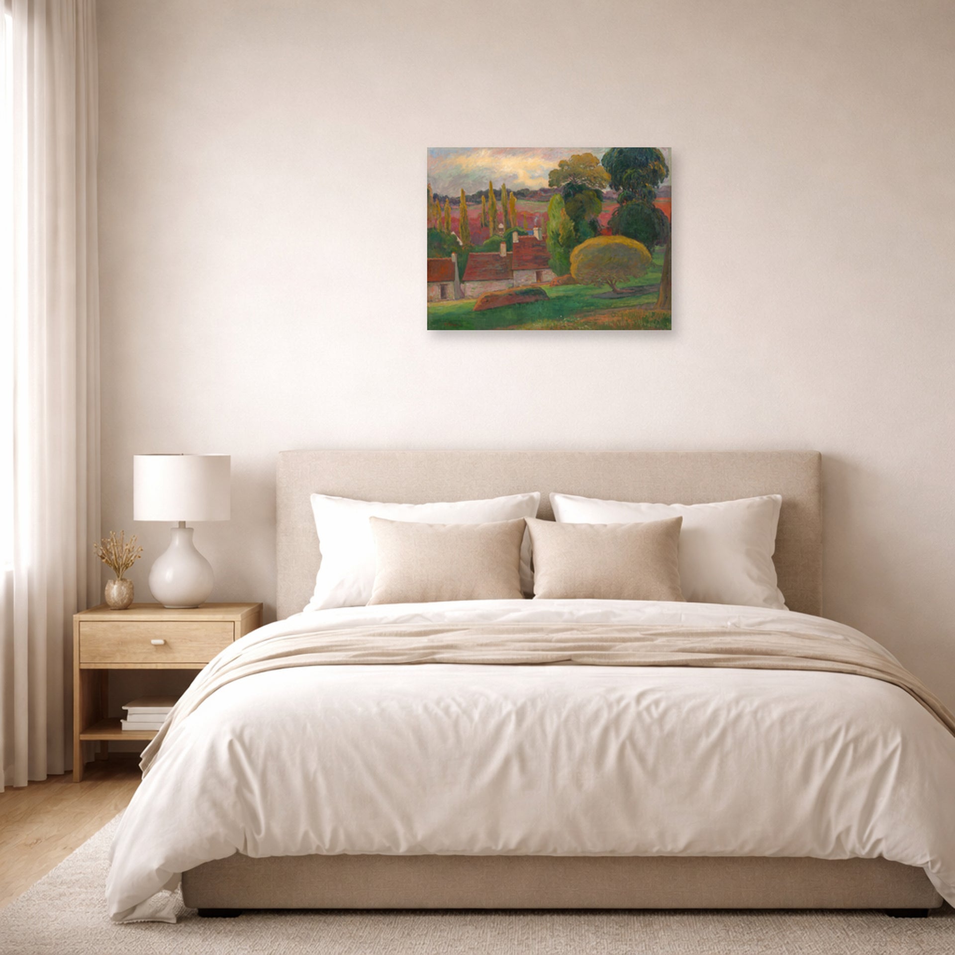 Unframed poster print of Paul Gauguin's A Farm in Brittany displayed on a wall in a bedroom