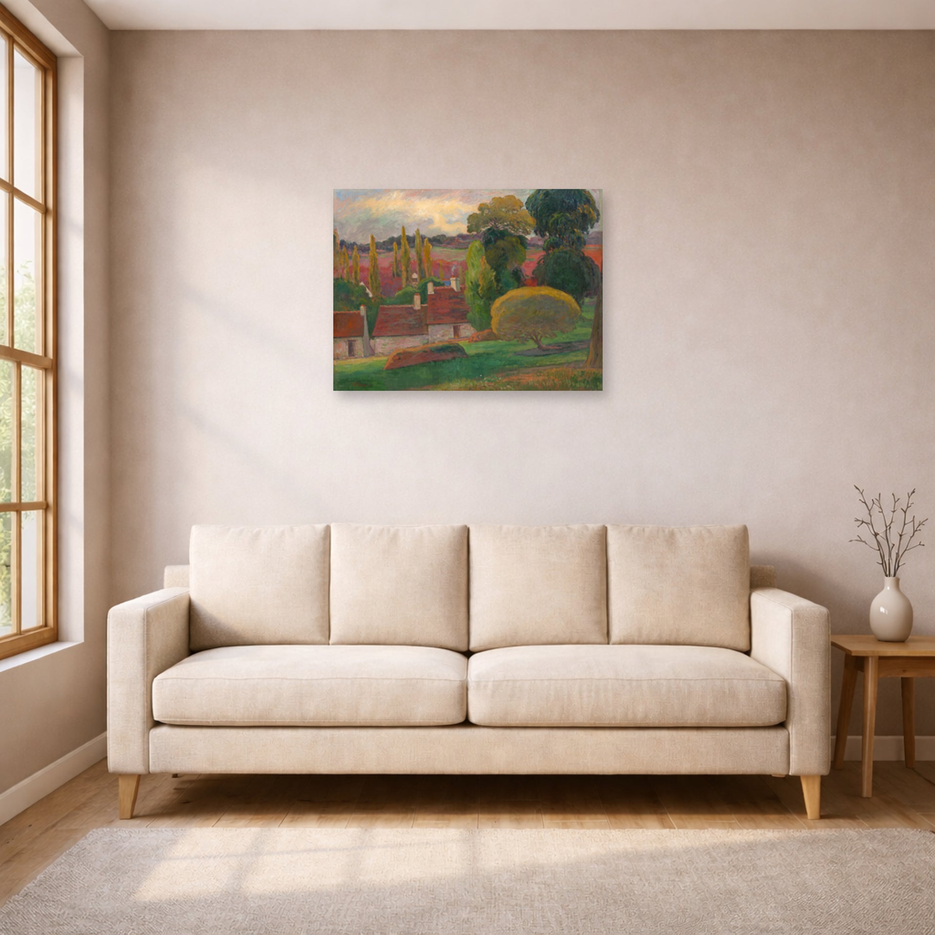 Unframed poster print of Paul Gauguin's A Farm in Brittany displayed on a wall in a living room
