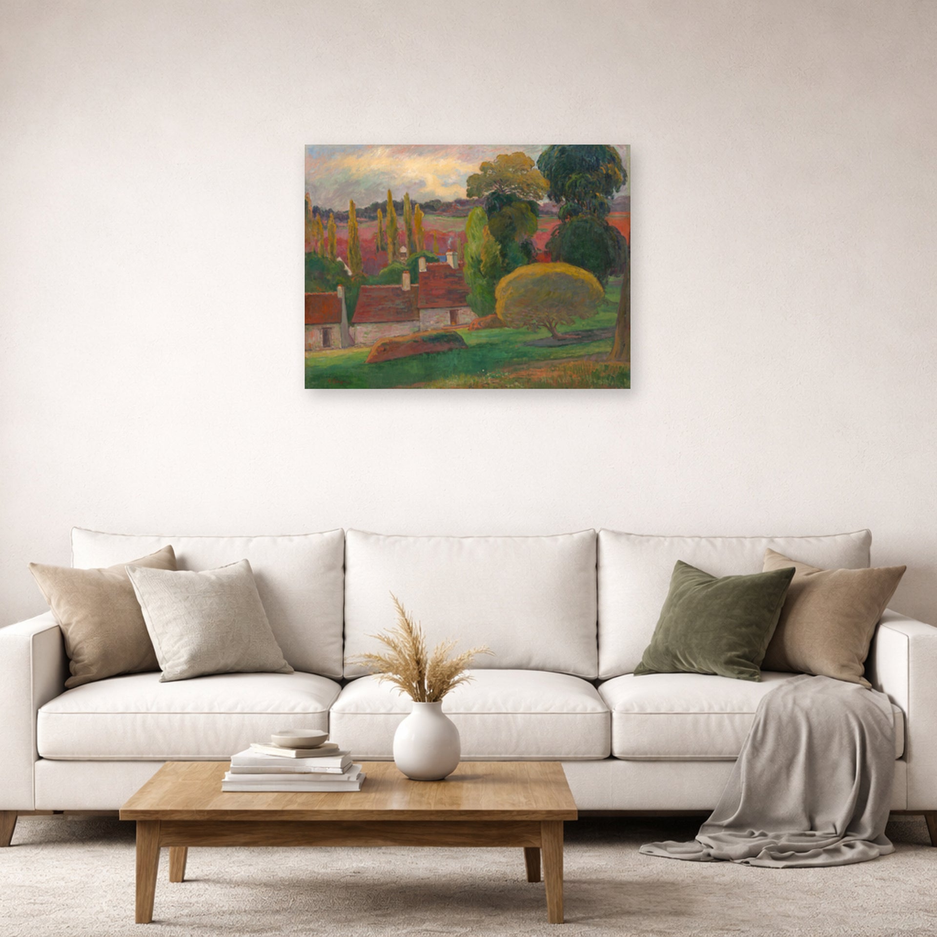 Unframed poster print of Paul Gauguin's A Farm in Brittany displayed on a wall in a second living room setting