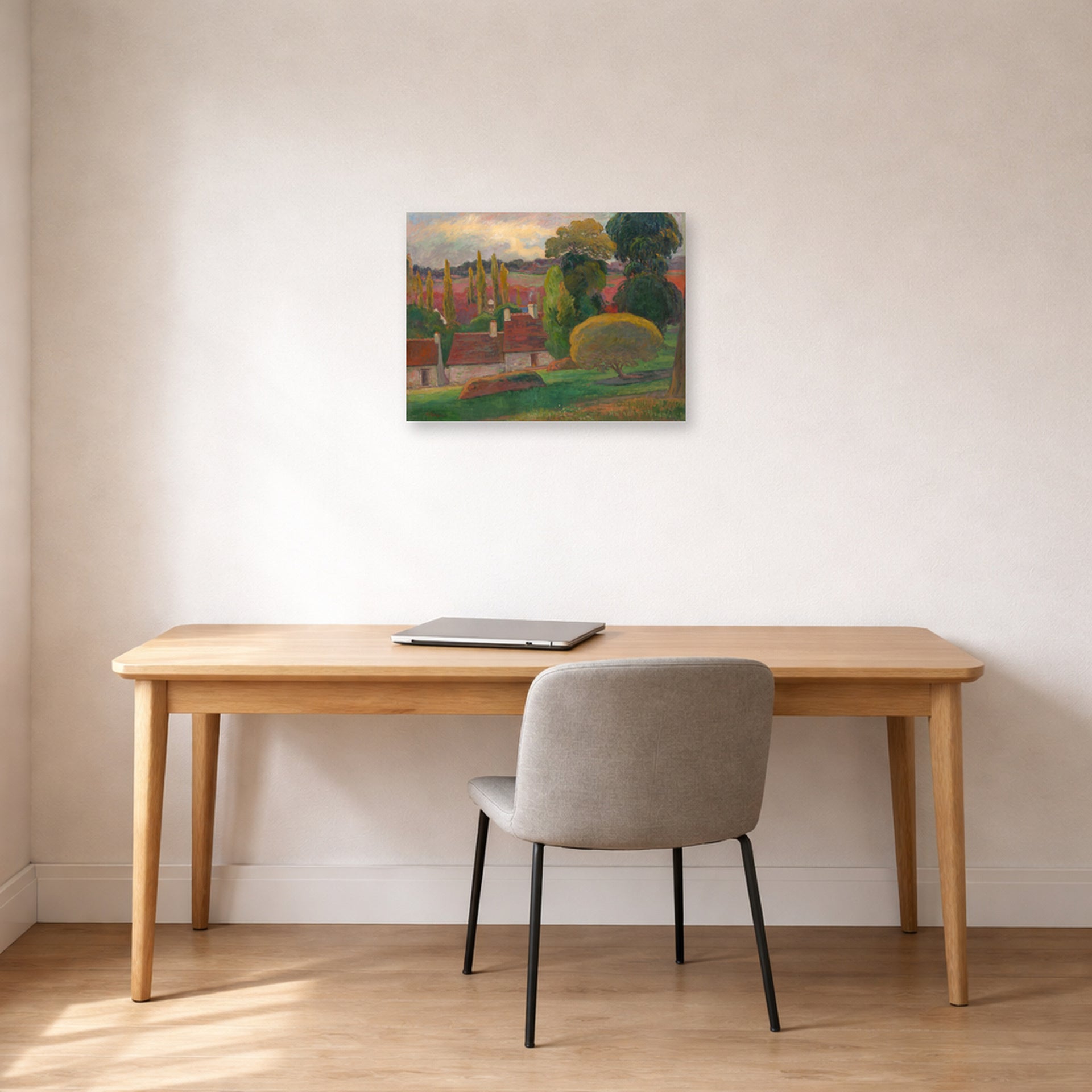 Unframed poster print of Paul Gauguin's A Farm in Brittany displayed on a wall in an office