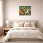 Gallery-wrapped canvas print of Paul Gauguin's Arearea displayed on a wall in a bedroom
