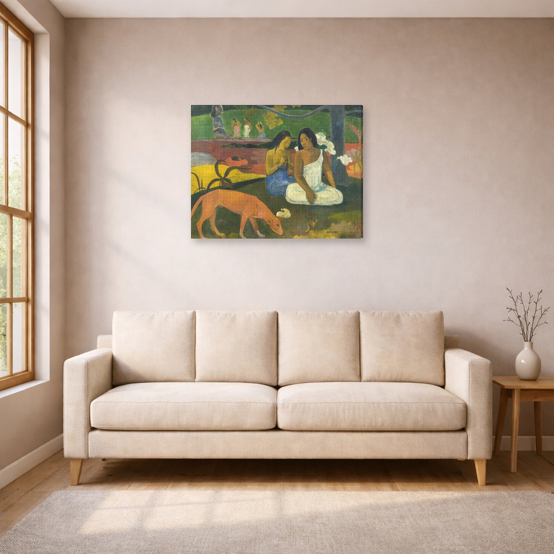 Gallery-wrapped canvas print of Paul Gauguin's Arearea displayed on a wall in a living room