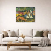 Gallery-wrapped canvas print of Paul Gauguin's Arearea displayed on a wall in a second living room setting