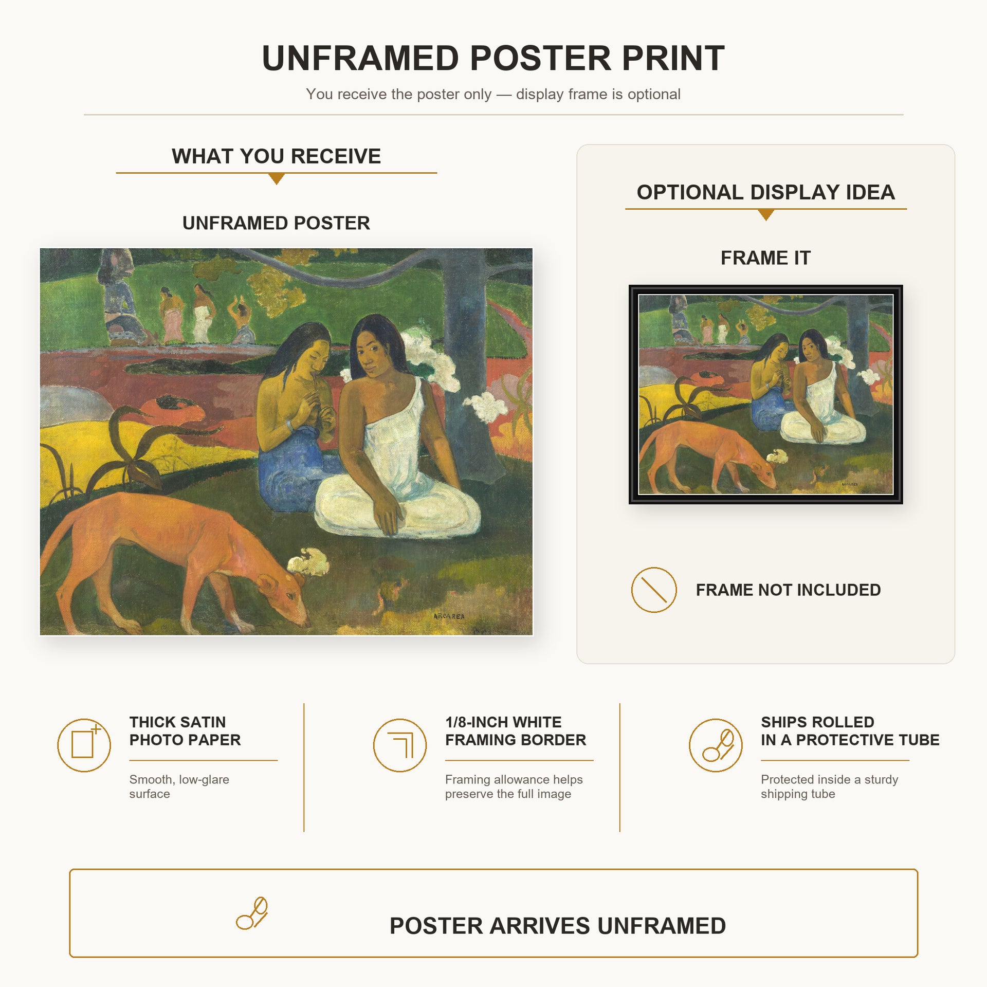Paul Gauguin - Arearea poster print size comparison and framing display infographic