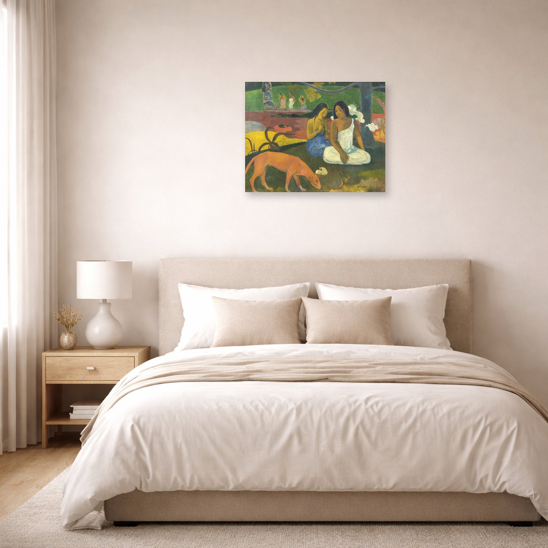 Unframed poster print of Paul Gauguin's Arearea displayed on a wall in a bedroom