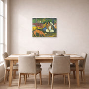 Unframed poster print of Paul Gauguin's Arearea displayed on a wall in a dining room