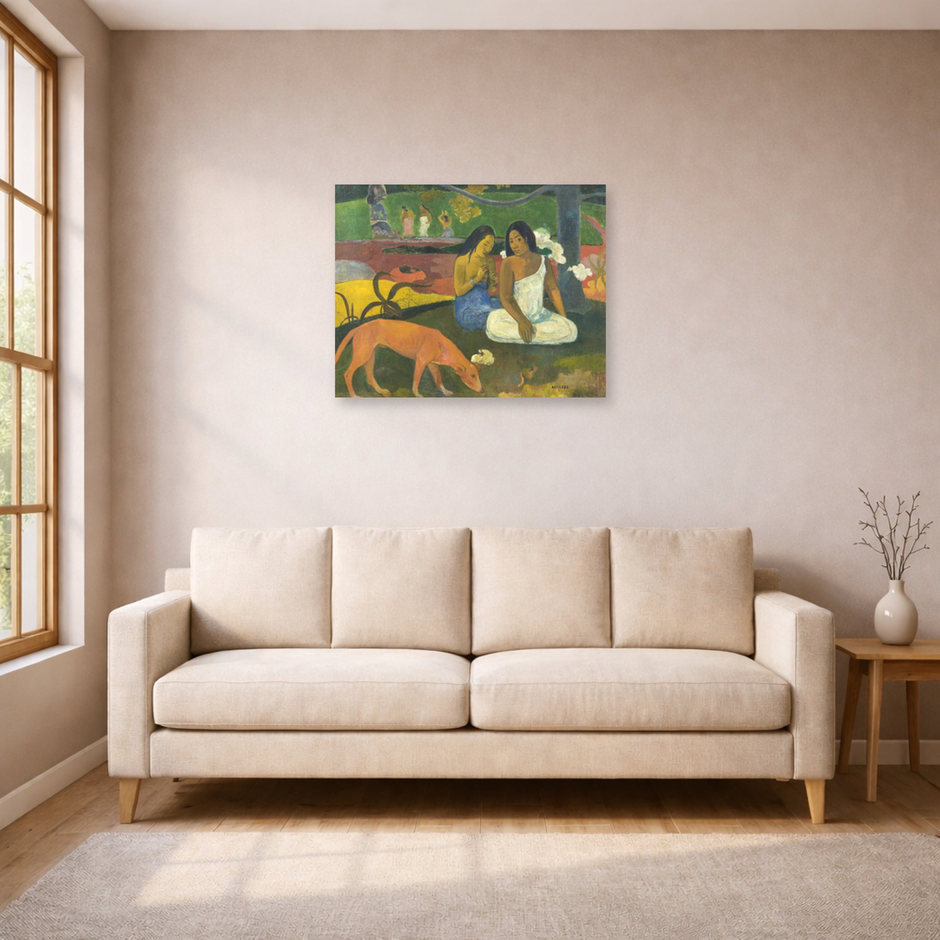 Unframed poster print of Paul Gauguin's Arearea displayed on a wall in a living room
