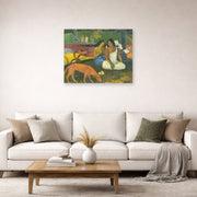 Unframed poster print of Paul Gauguin's Arearea displayed on a wall in a second living room setting
