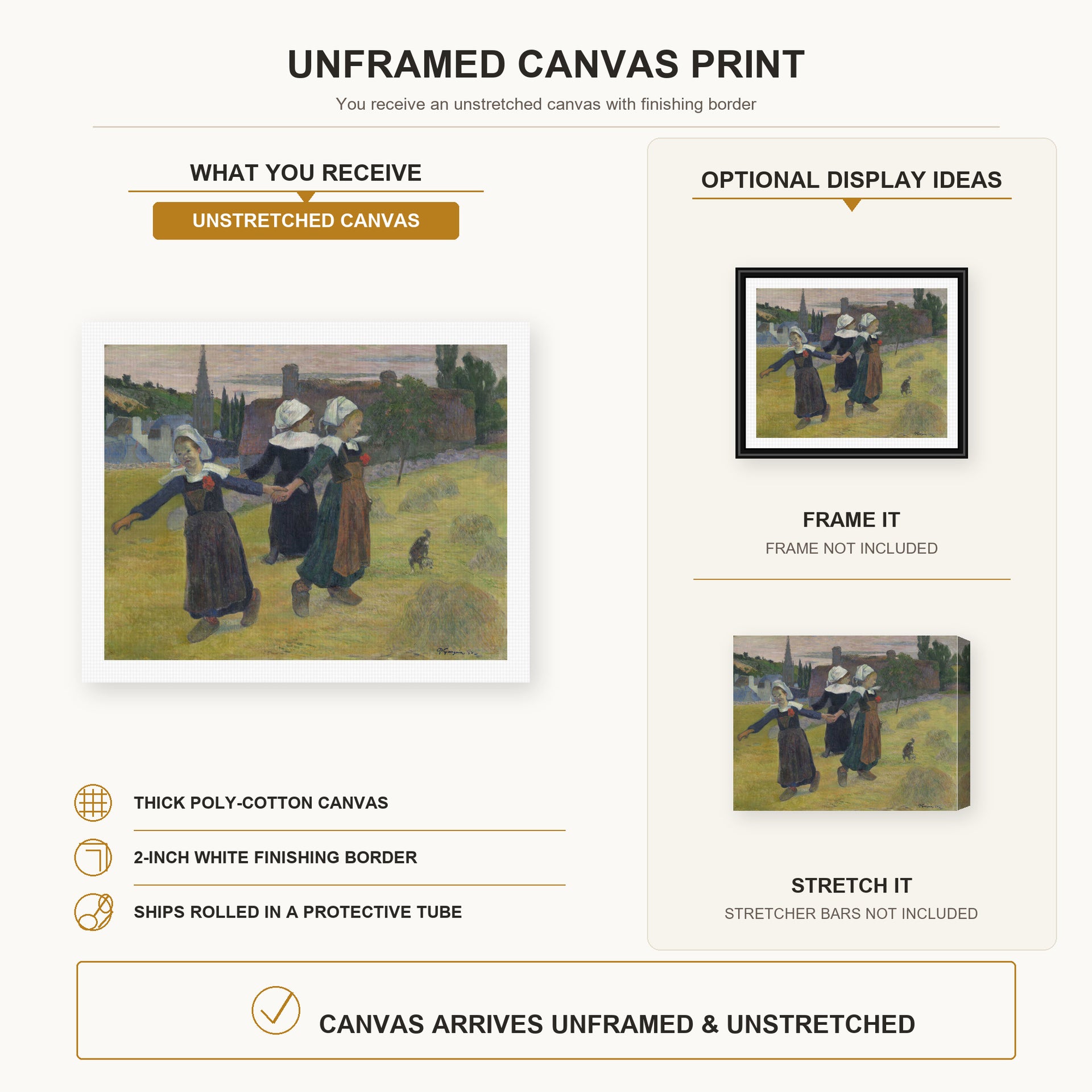 Paul Gauguin - Breton Girls Dancing canvas print size comparison and framing display infographic