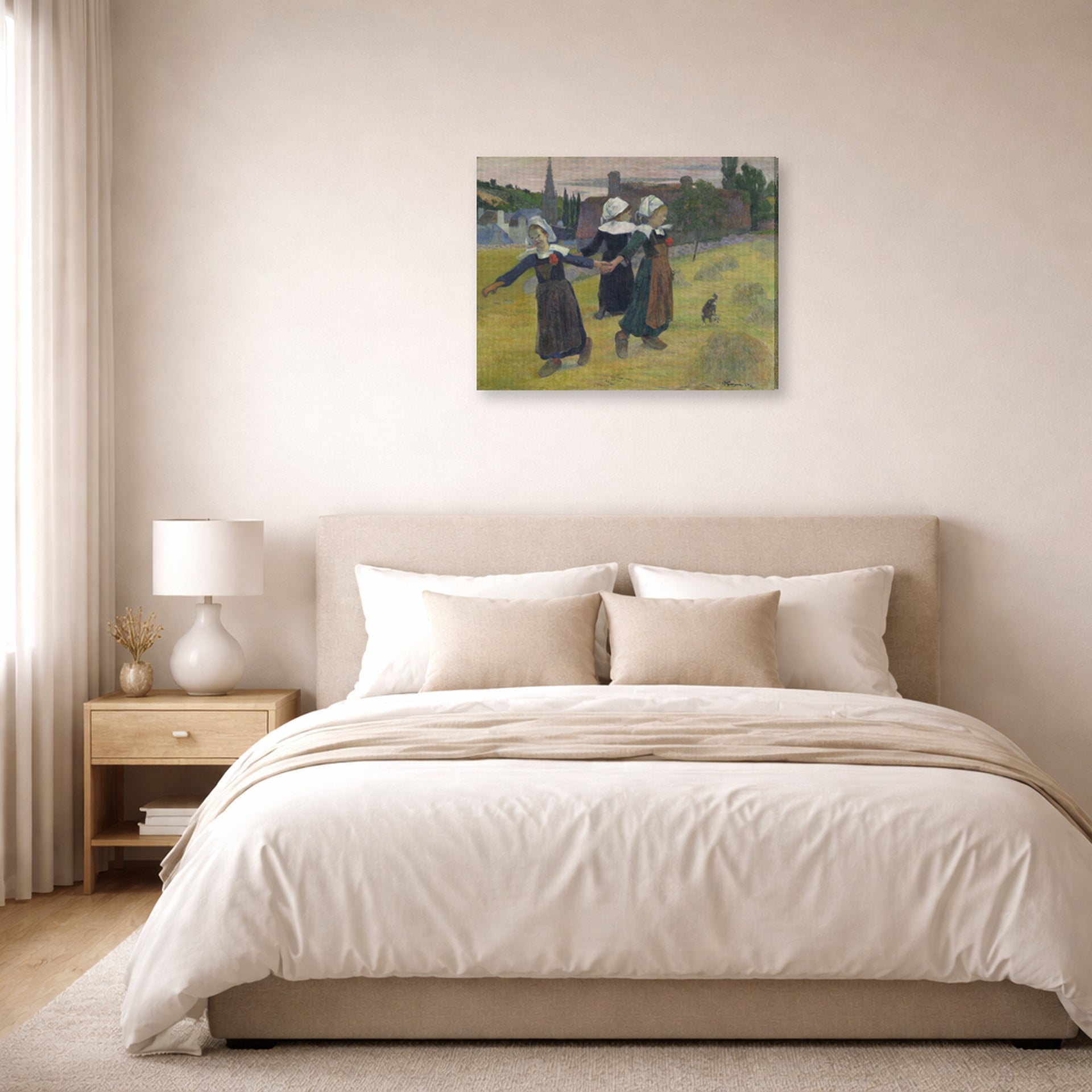 Gallery-wrapped canvas print of Paul Gauguin's Breton Girls Dancing displayed on a wall in a bedroom