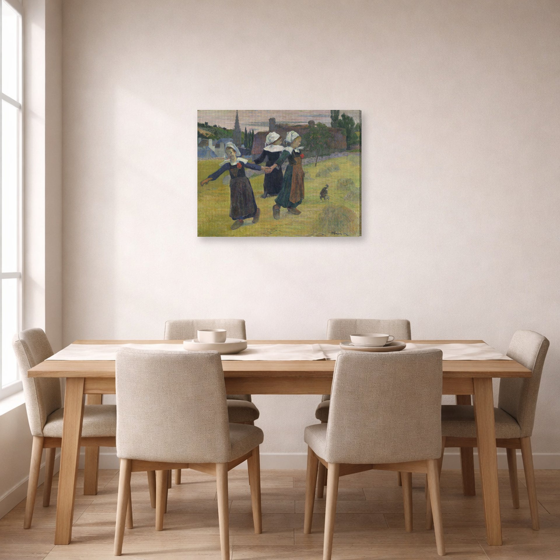 Gallery-wrapped canvas print of Paul Gauguin's Breton Girls Dancing displayed on a wall in a dining room