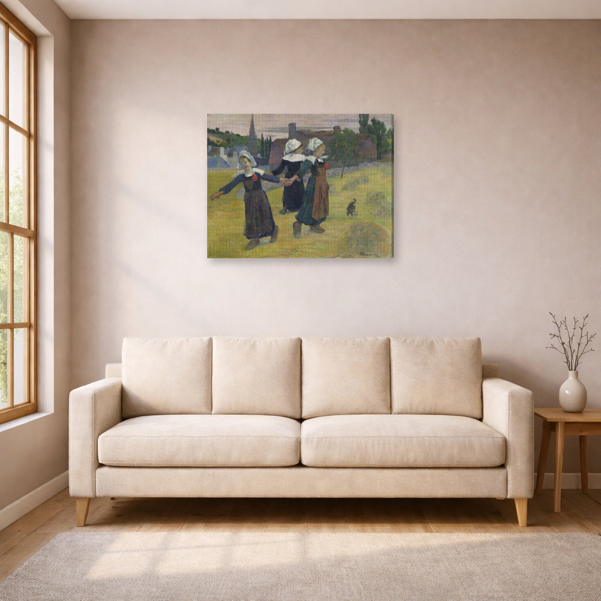 Gallery-wrapped canvas print of Paul Gauguin's Breton Girls Dancing displayed on a wall in a living room