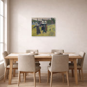 Unframed poster print of Paul Gauguin's Breton Girls Dancing displayed on a wall in a dining room
