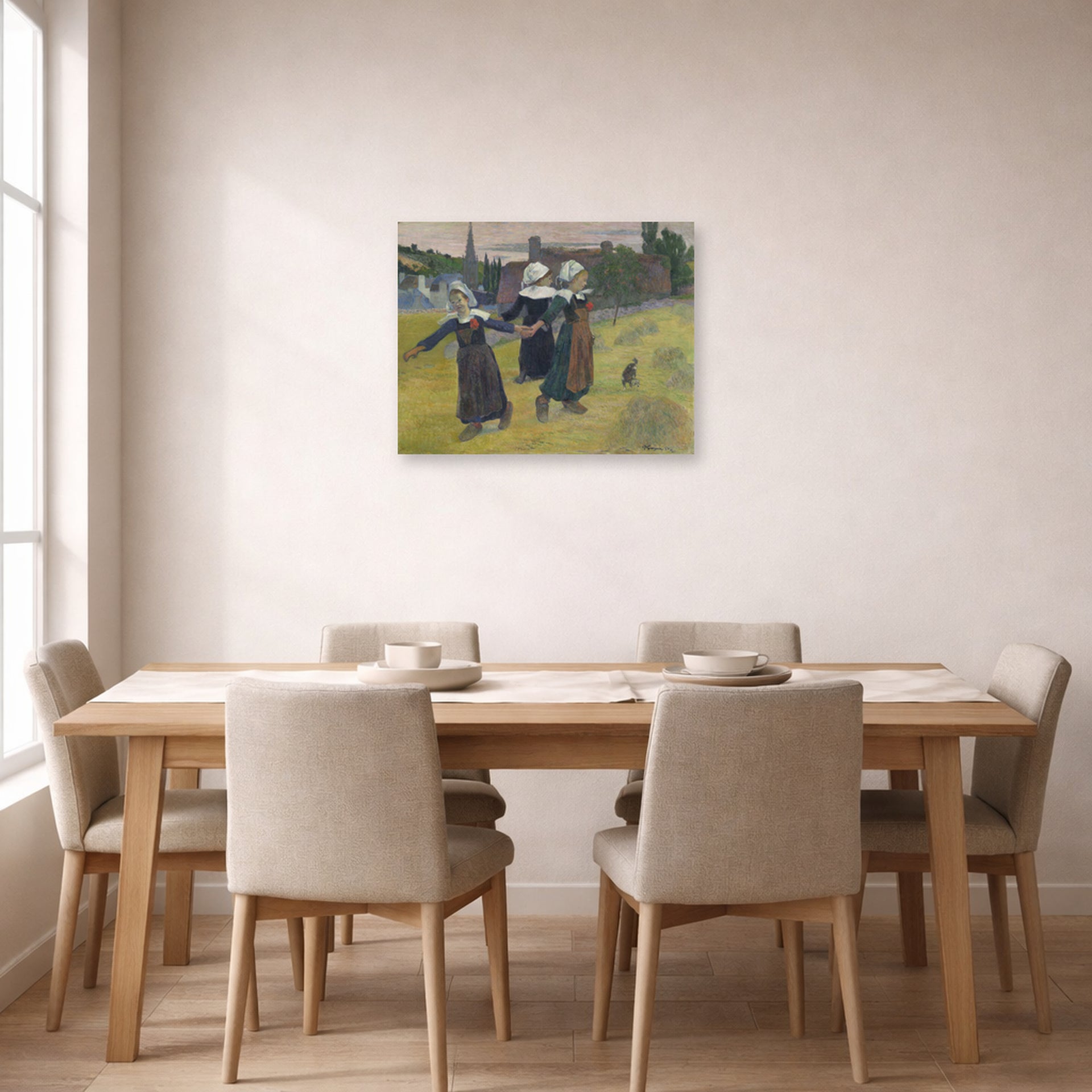 Unframed poster print of Paul Gauguin's Breton Girls Dancing displayed on a wall in a dining room