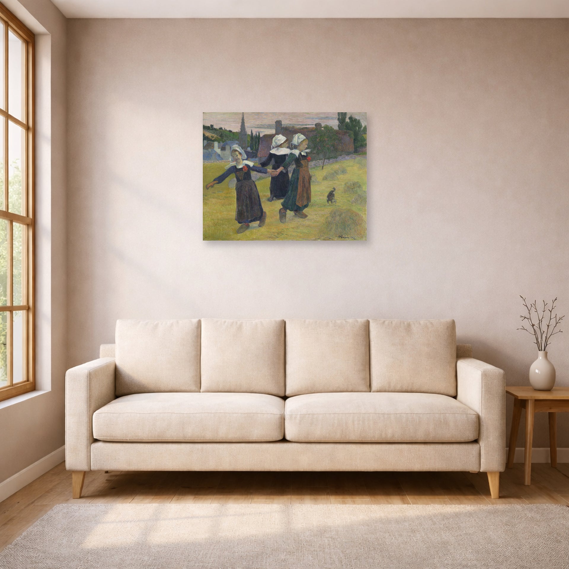Unframed poster print of Paul Gauguin's Breton Girls Dancing displayed on a wall in a living room