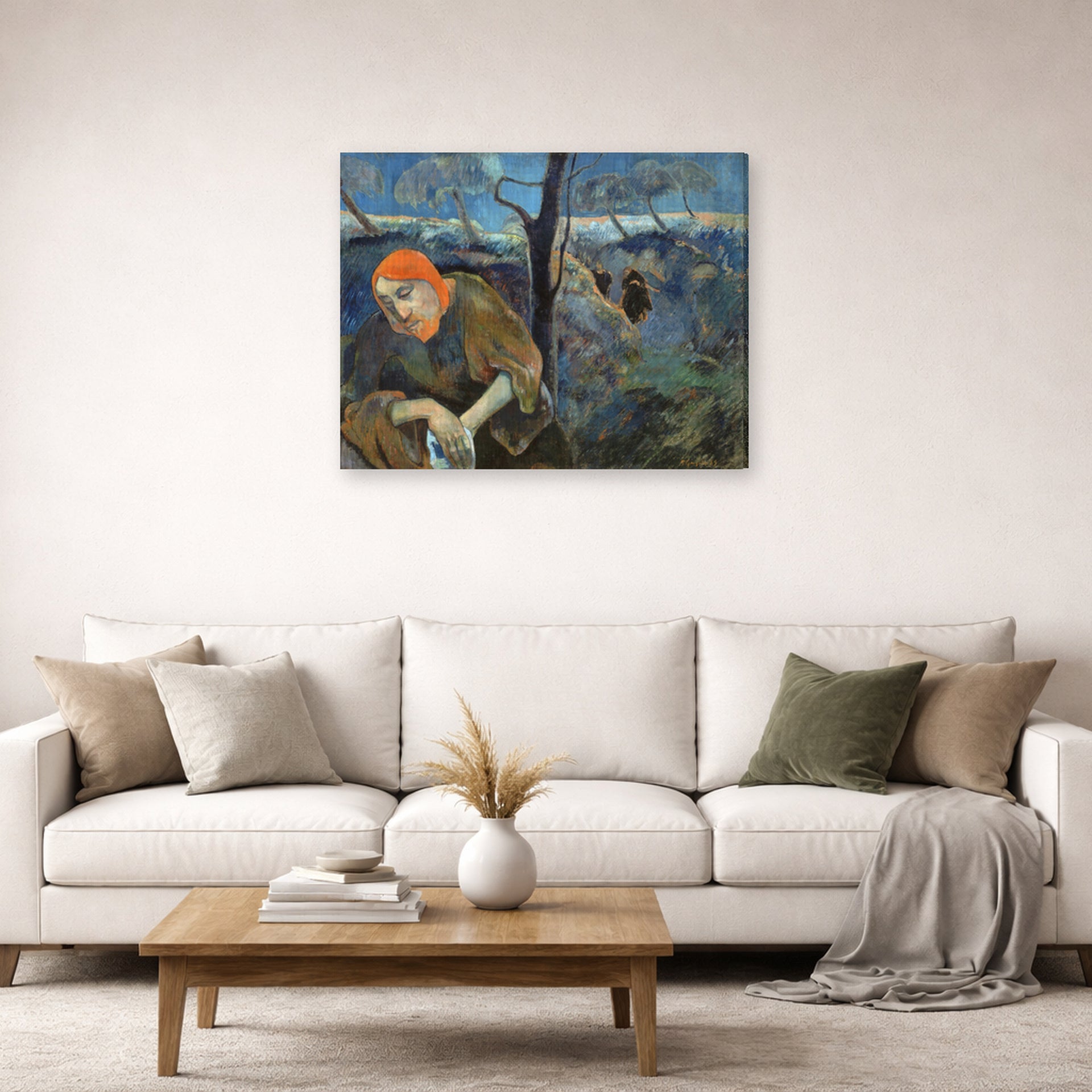 Gallery-wrapped canvas print of Paul Gauguin's Christ in the Garden of Olives displayed on a wall in a second living room setting