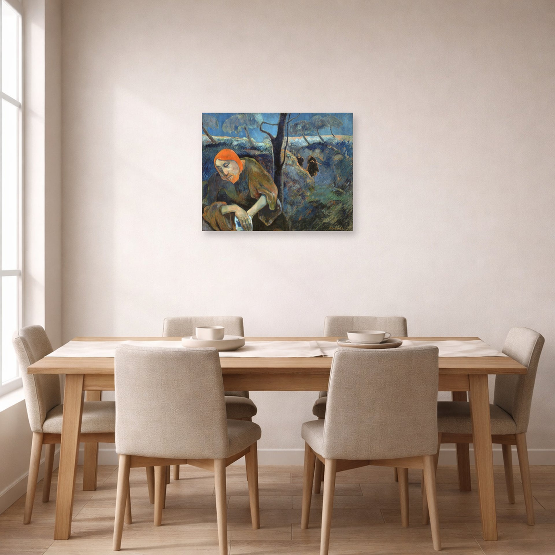 Unframed poster print of Paul Gauguin's Christ in the Garden of Olives displayed on a wall in a dining room