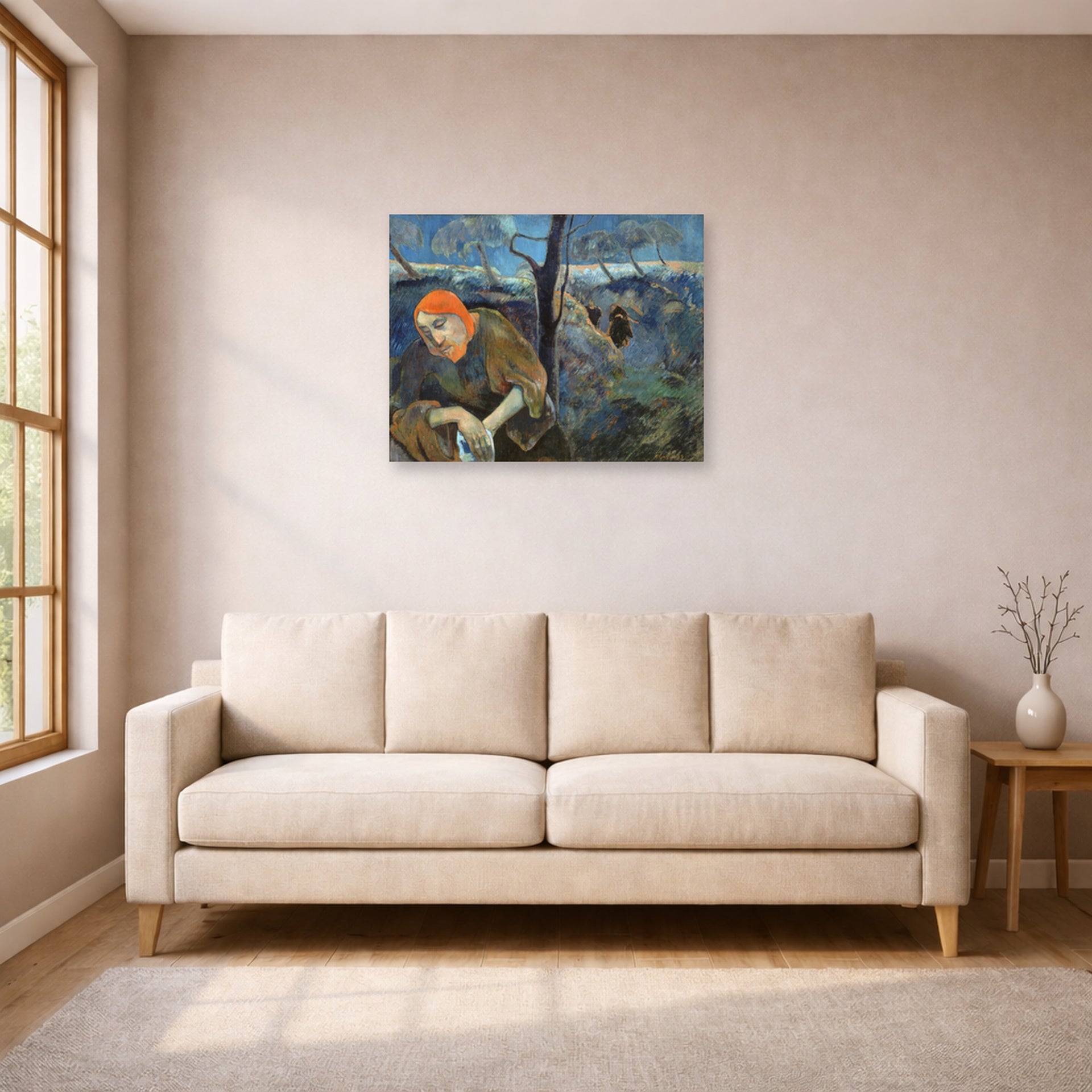 Unframed poster print of Paul Gauguin's Christ in the Garden of Olives displayed on a wall in a living room