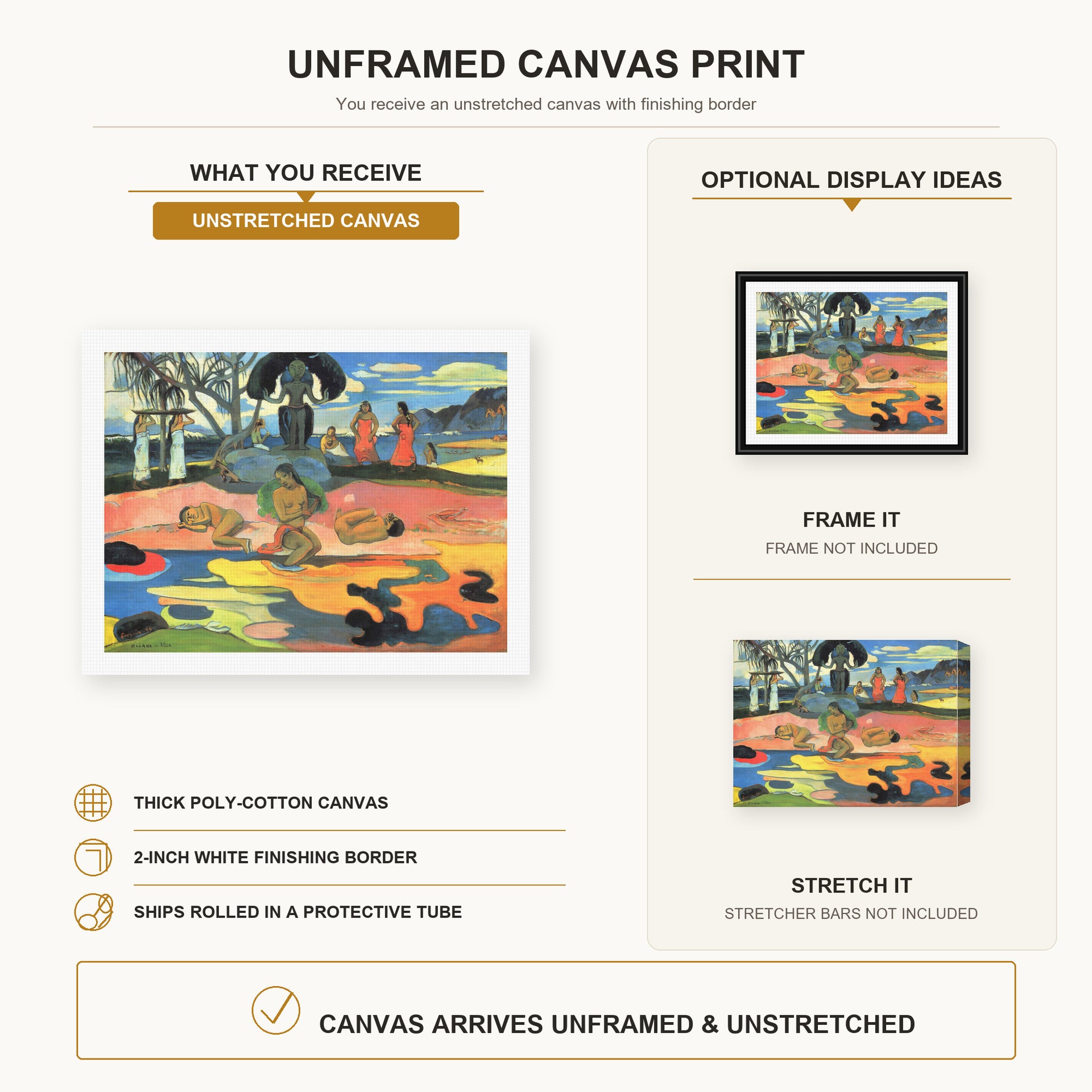 Paul Gauguin - Day of the God (Mahana no Atua) canvas print size comparison and framing display infographic