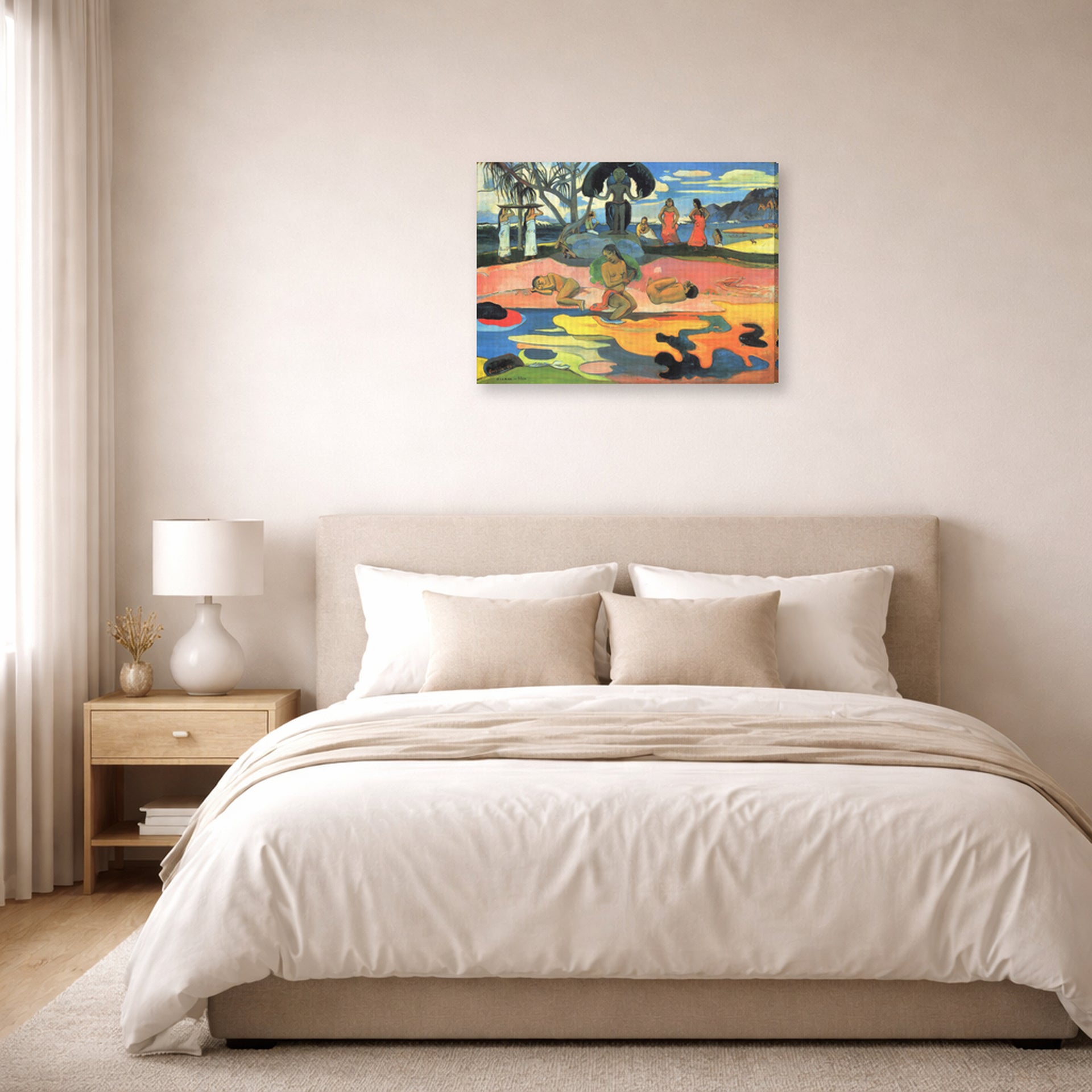 Gallery-wrapped canvas print of Paul Gauguin's Day of the God (Mahana no Atua) displayed on a wall in a bedroom
