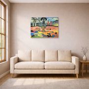 Gallery-wrapped canvas print of Paul Gauguin's Day of the God (Mahana no Atua) displayed on a wall in a living room