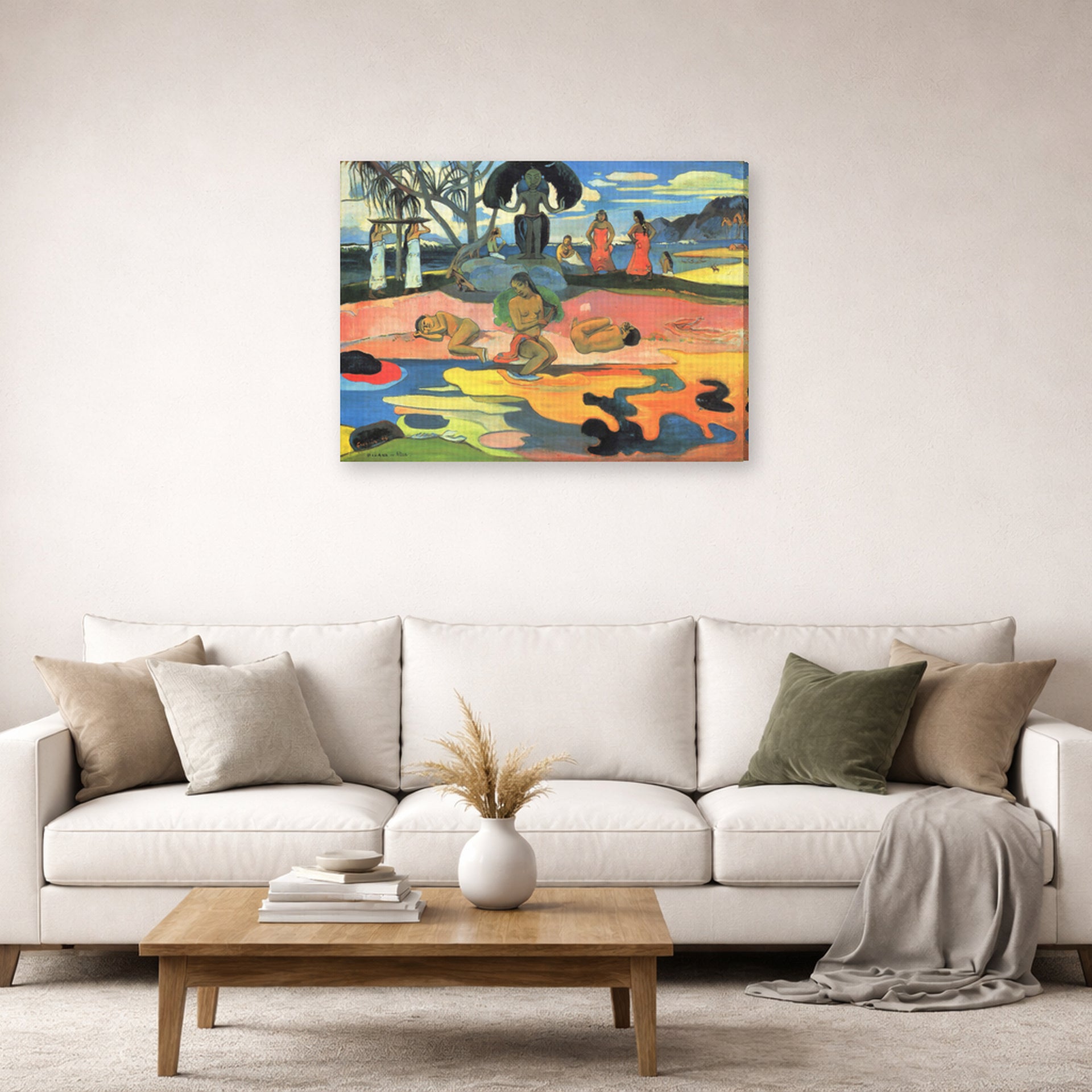 Gallery-wrapped canvas print of Paul Gauguin's Day of the God (Mahana no Atua) displayed on a wall in a second living room setting