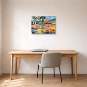 Gallery-wrapped canvas print of Paul Gauguin's Day of the God (Mahana no Atua) displayed on a wall in an office