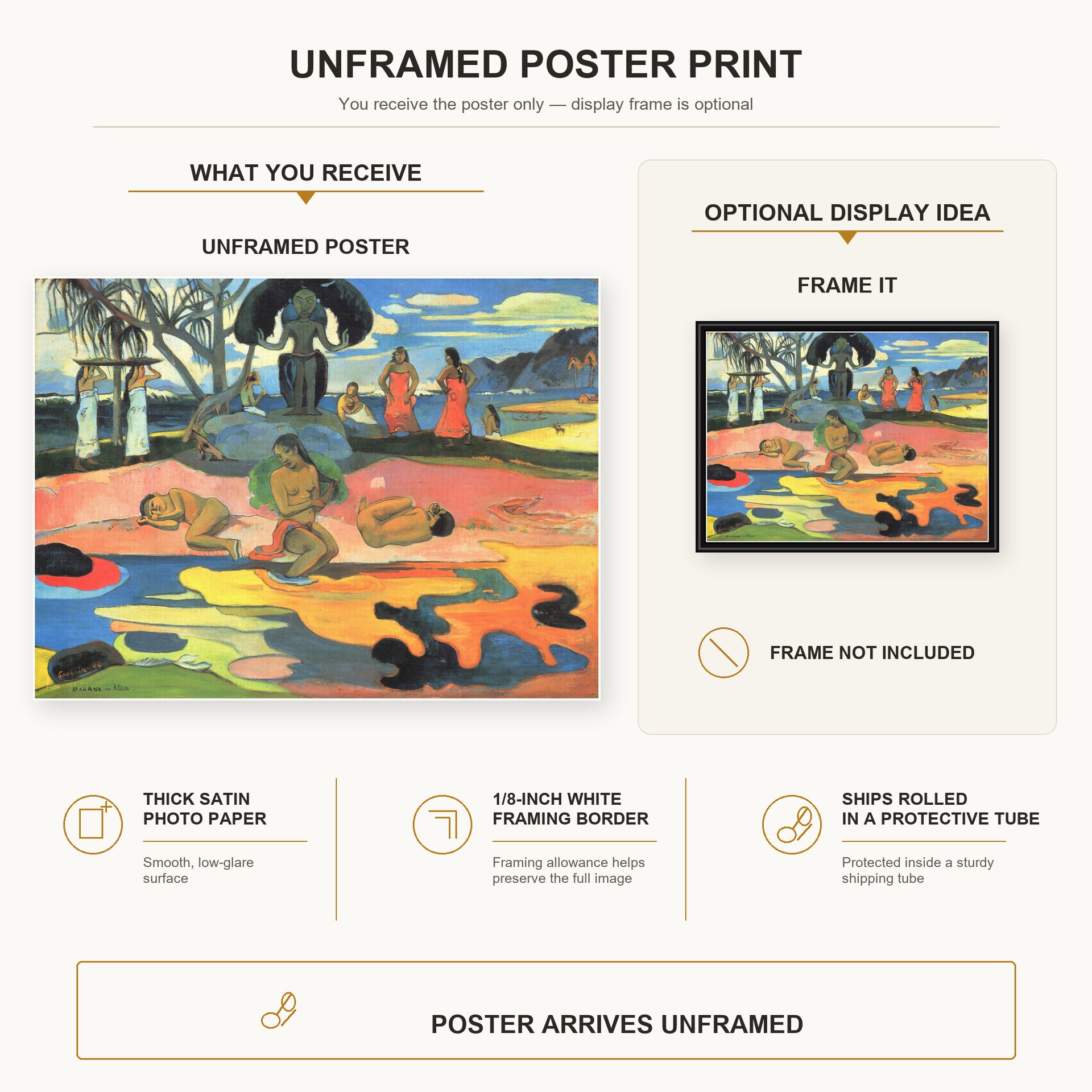Paul Gauguin - Day of the God (Mahana no Atua) poster print size comparison and framing display infographic