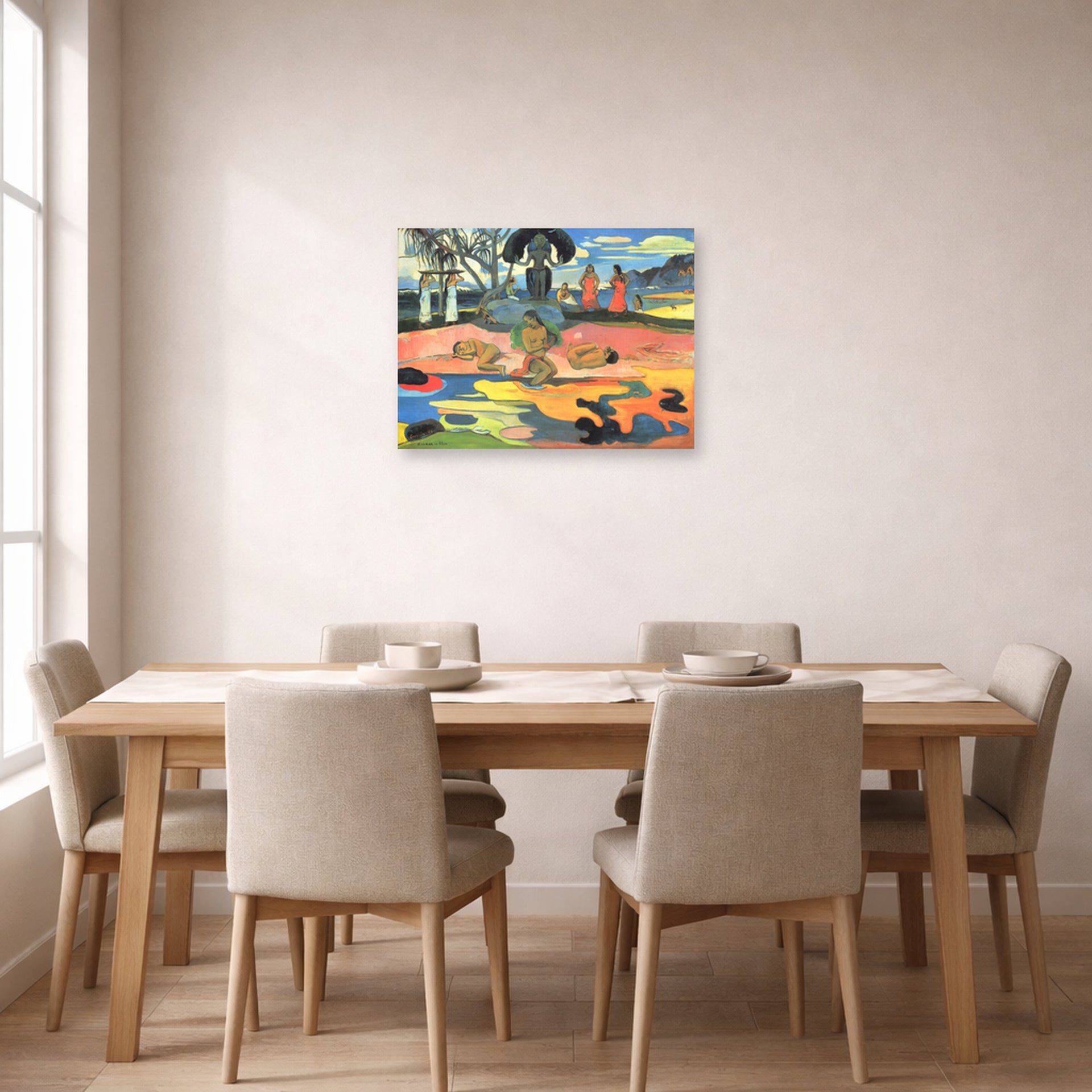 Unframed poster print of Paul Gauguin's Day of the God (Mahana no Atua) displayed on a wall in a dining room