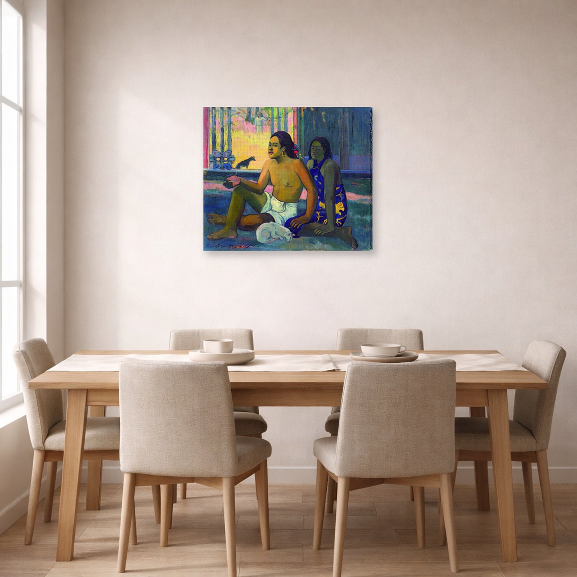 Gallery-wrapped canvas print of Paul Gauguin's Eiaha Ohipa displayed on a wall in a dining room