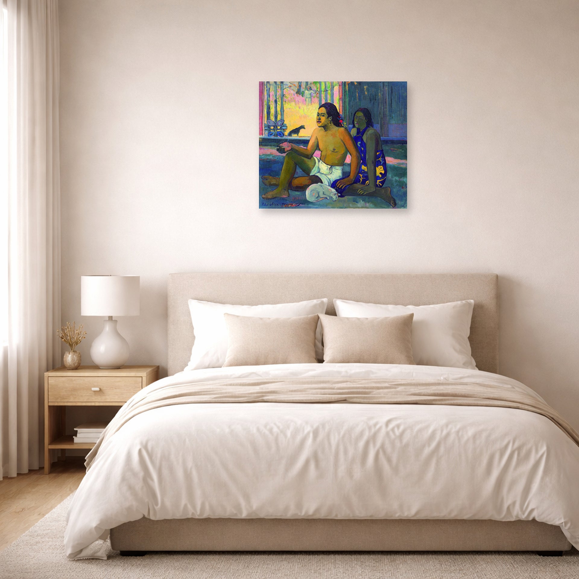 Unframed poster print of Paul Gauguin's Eiaha Ohipa displayed on a wall in a bedroom