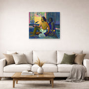 Unframed poster print of Paul Gauguin's Eiaha Ohipa displayed on a wall in a second living room setting