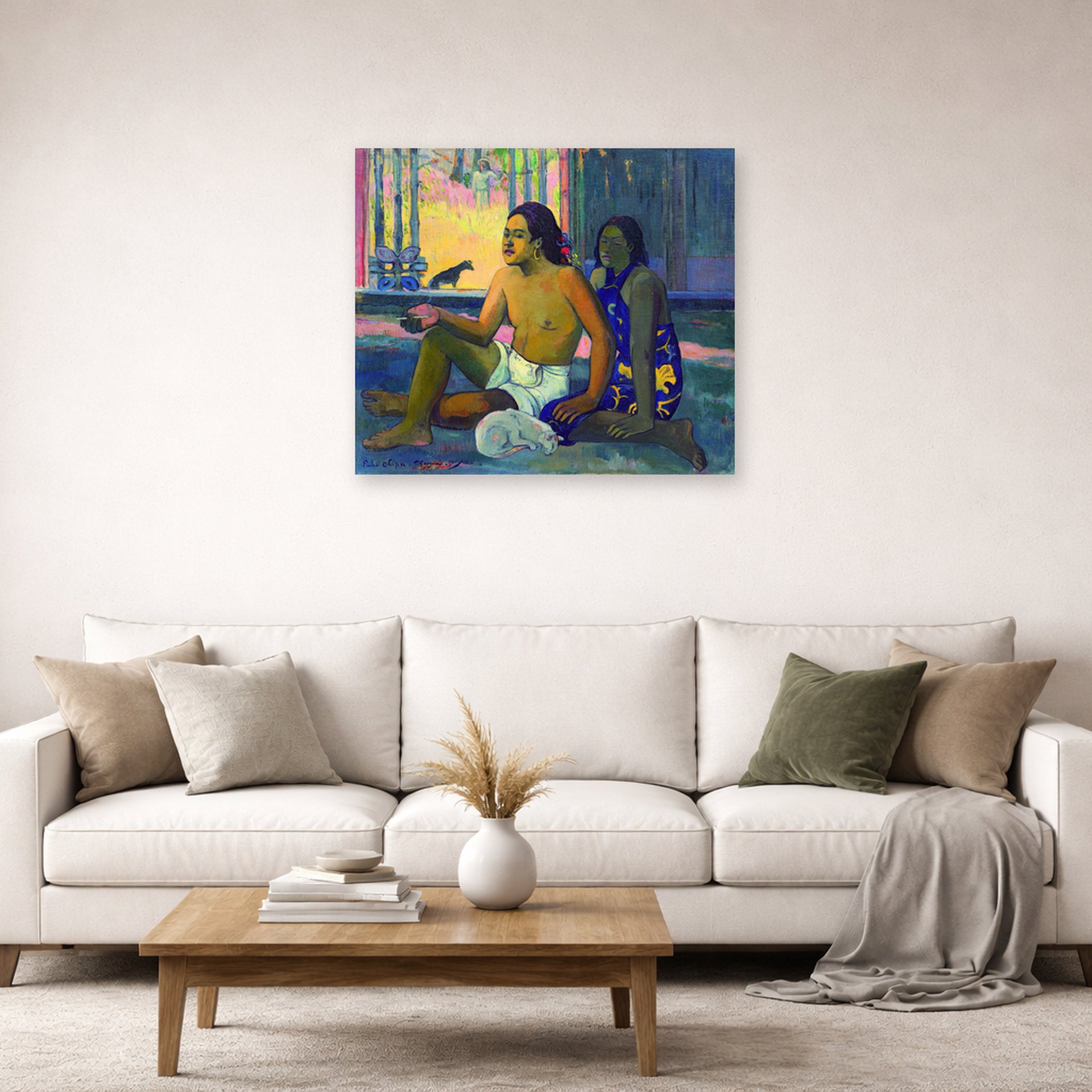 Unframed poster print of Paul Gauguin's Eiaha Ohipa displayed on a wall in a second living room setting
