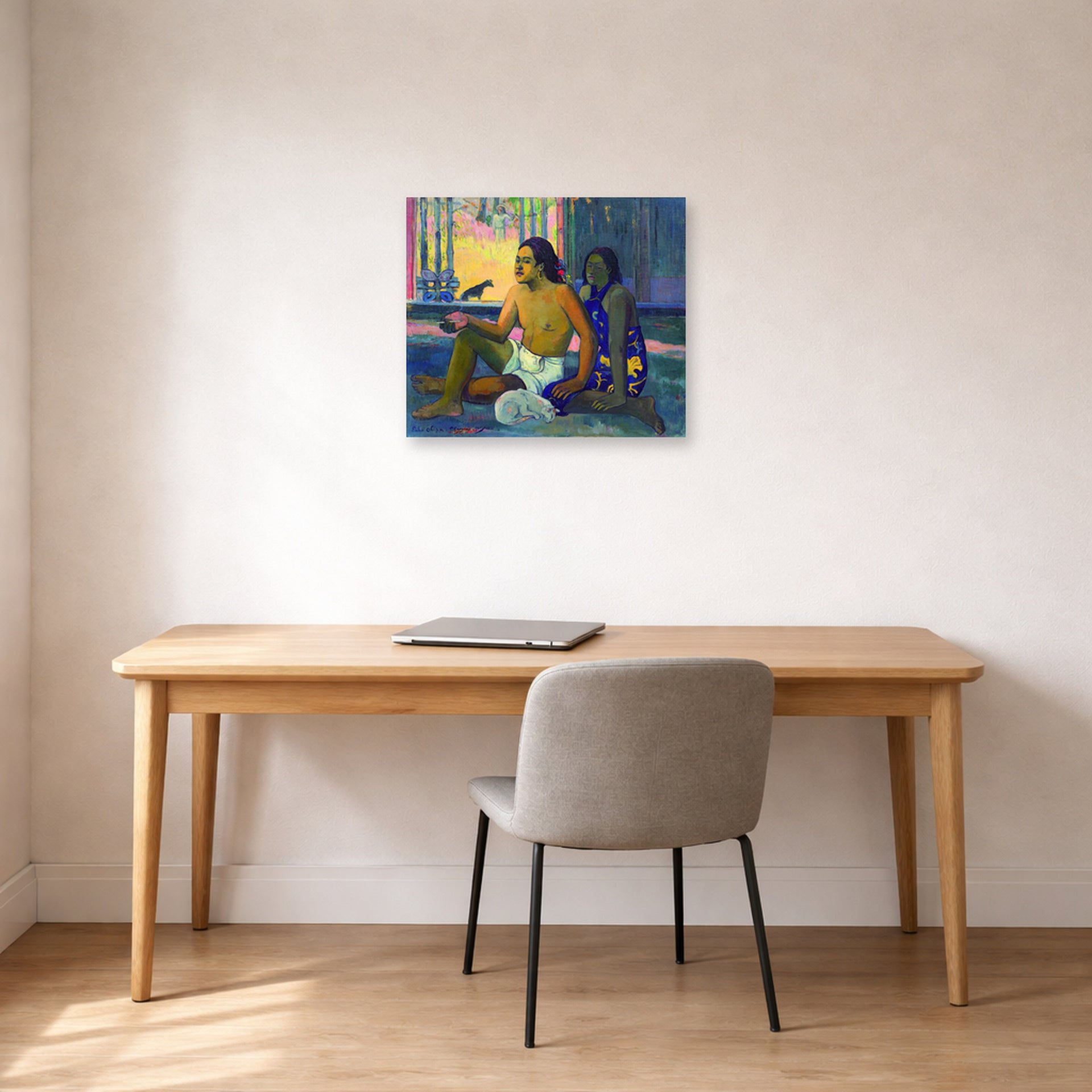 Unframed poster print of Paul Gauguin's Eiaha Ohipa displayed on a wall in an office