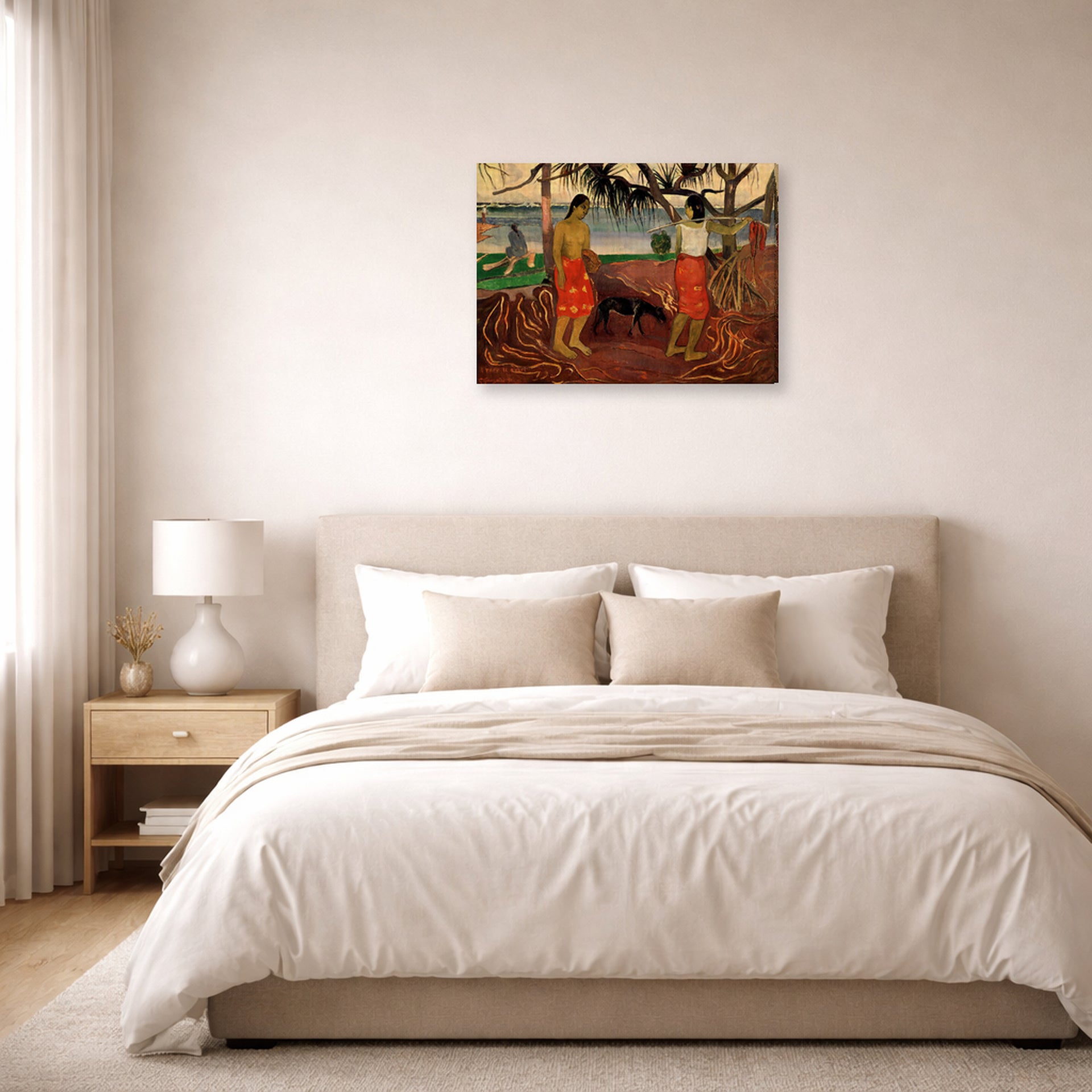 Gallery-wrapped canvas print of Paul Gauguin's I Raro te Oviri displayed on a wall in a bedroom