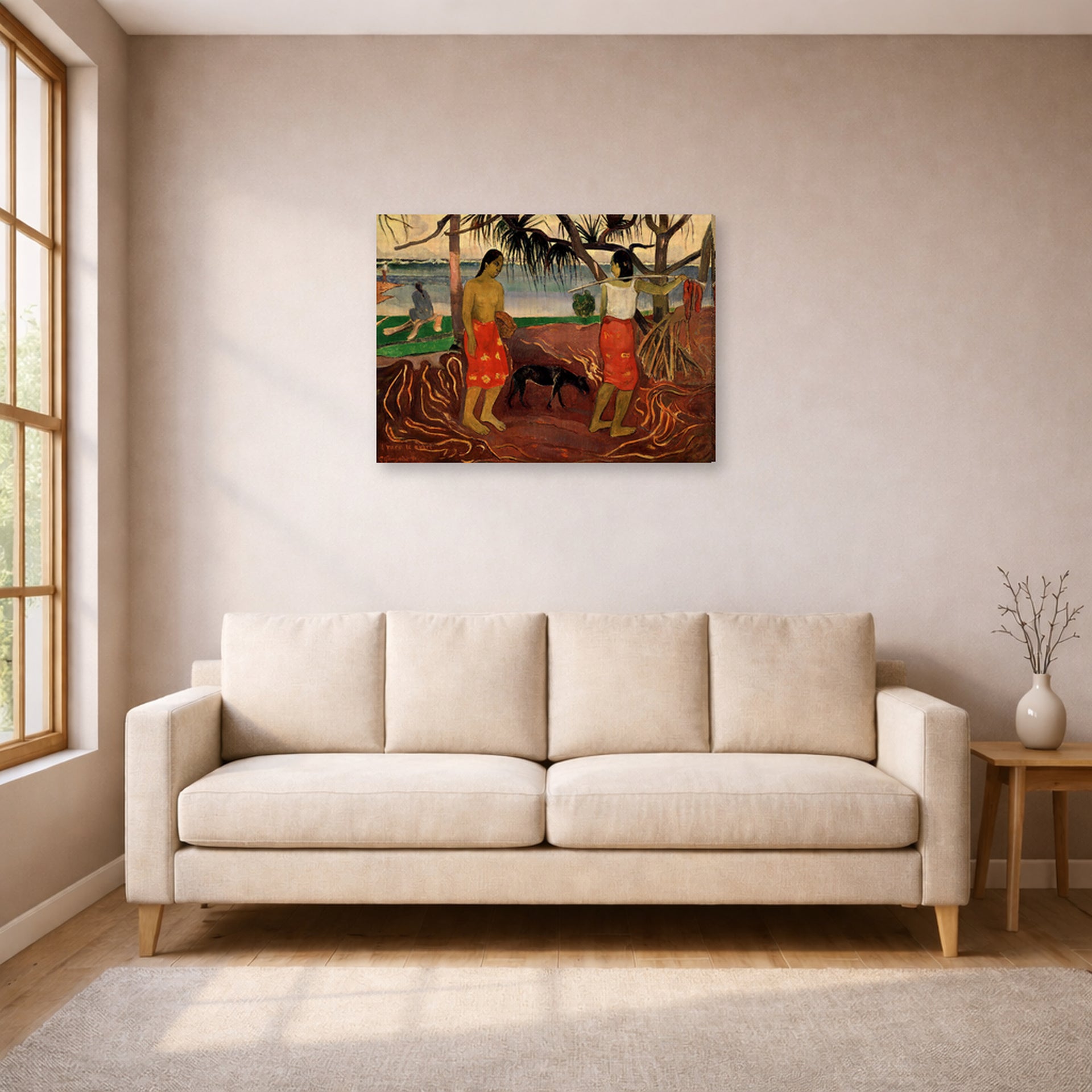 Gallery-wrapped canvas print of Paul Gauguin's I Raro te Oviri displayed on a wall in a living room