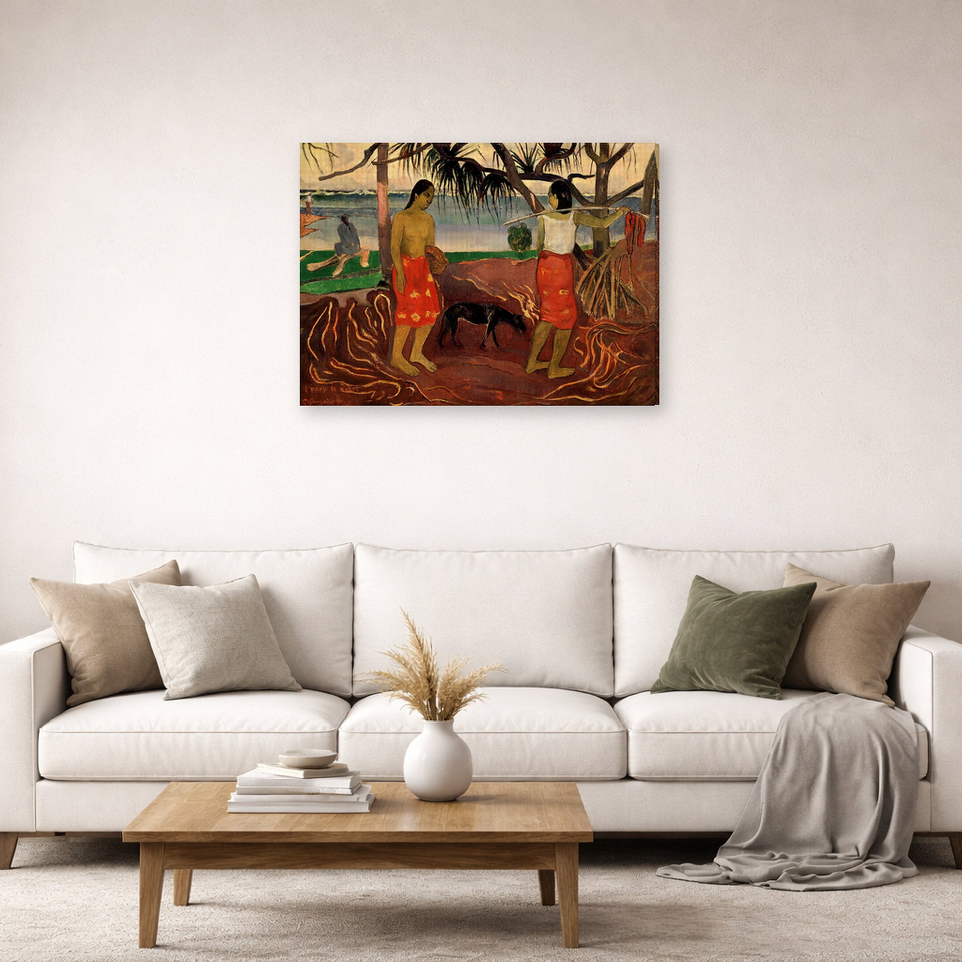 Gallery-wrapped canvas print of Paul Gauguin's I Raro te Oviri displayed on a wall in a second living room setting