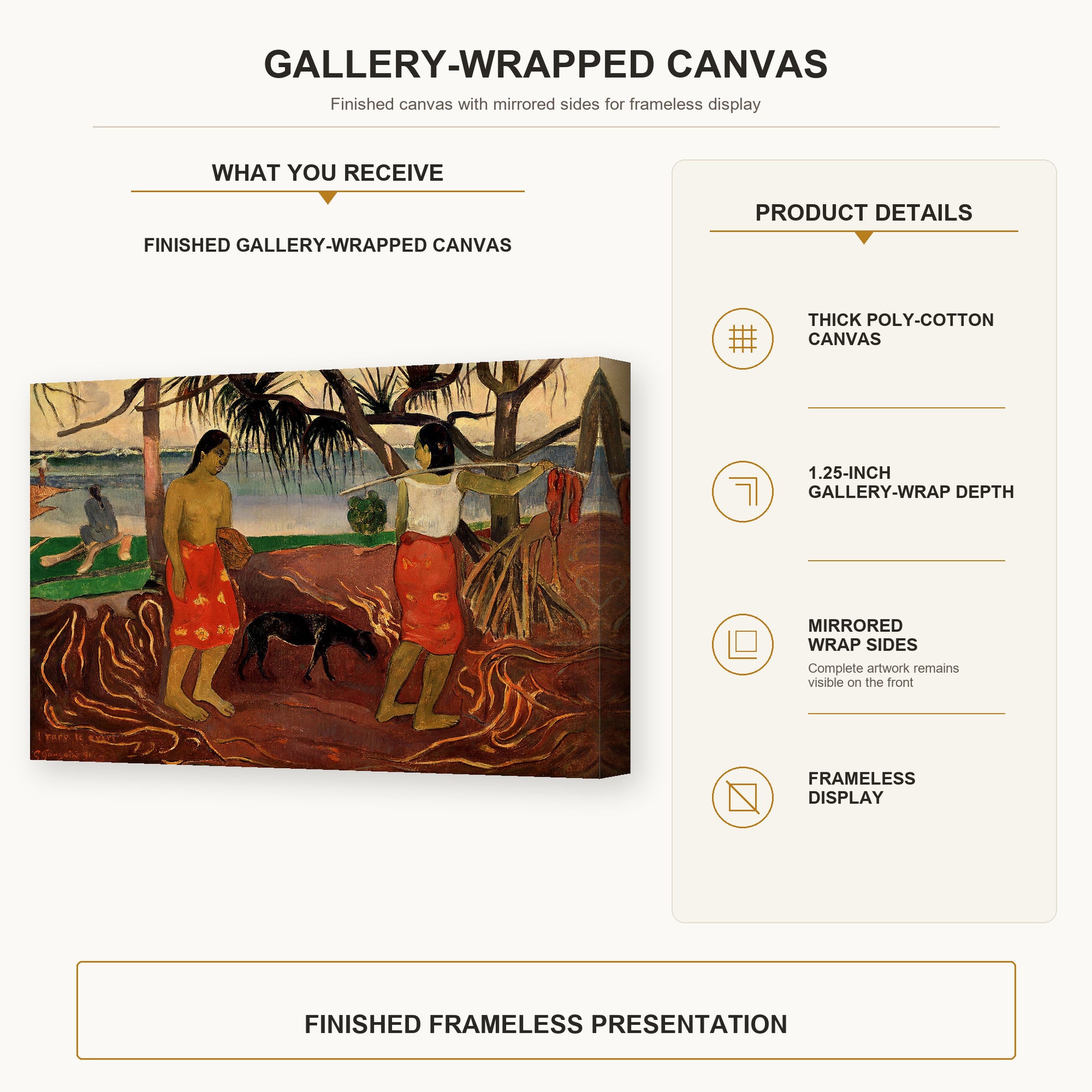 Paul Gauguin - I Raro te Oviri gallery wrap canvas construction and hanging details infographic