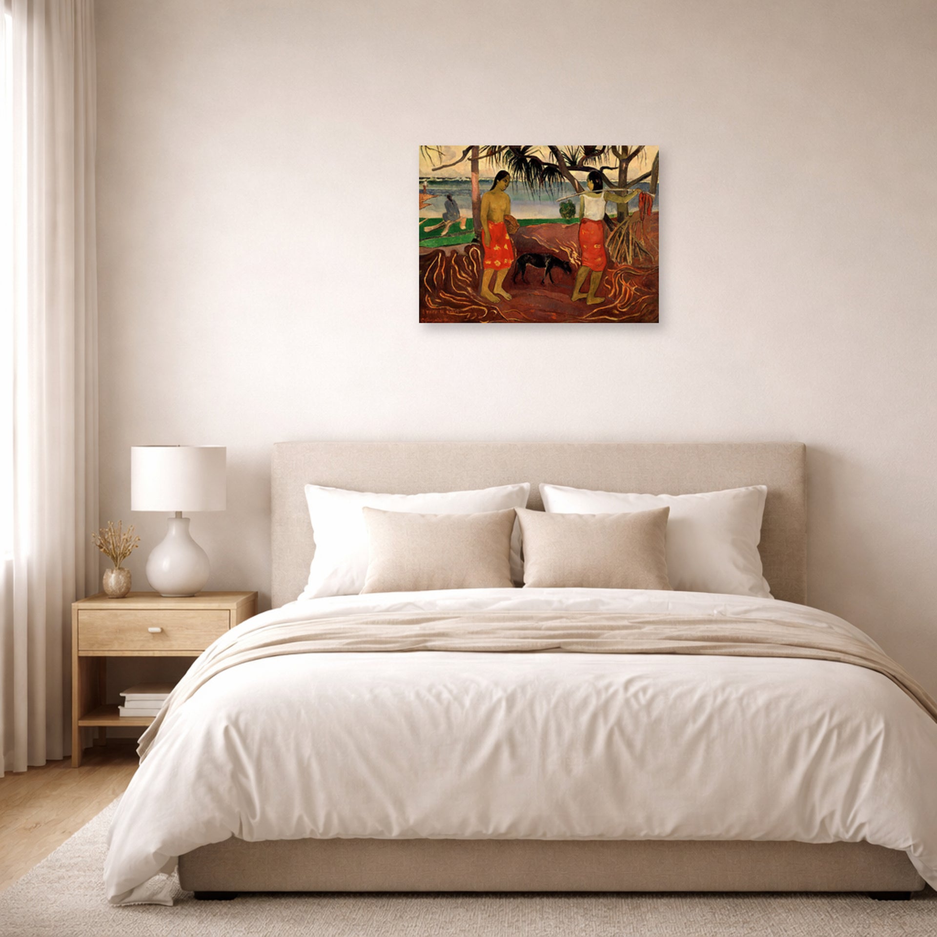 Unframed poster print of Paul Gauguin's I Raro te Oviri displayed on a wall in a bedroom